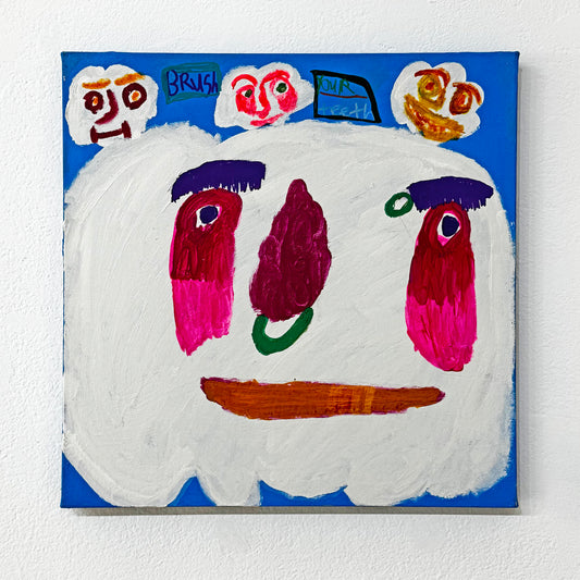 Colorful abstract painting of a cloud against a blue background. Three smaller clouds float above the large cloud. The words 'brush' and 'your teeth' are written between the three small clouds.