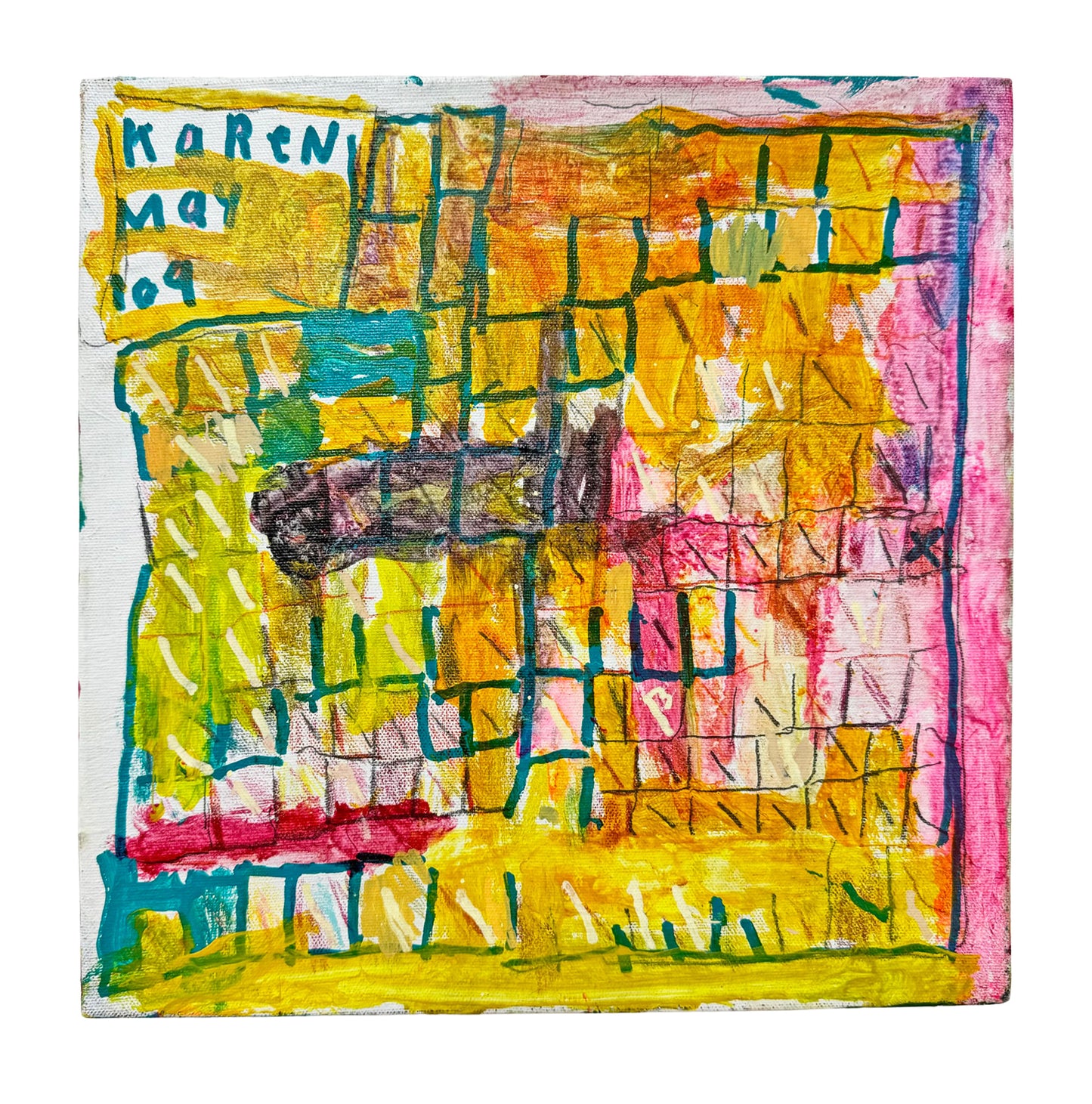 a mixed-media painting on a square canvas. The image features a loosely drawn grid, with areas outlined in black pen or blue marker. Each grid square contains a diagonal slash mark or an X, applied in yellow, black, or red ink. There are large gestural swathes of bright pink or yellow paint covering much of the background, and in places layered on top of the grid. In the center of the grid, there is a small dark cloud of purple ink.The artist has signed their name in a square on the top left, "Karen May"