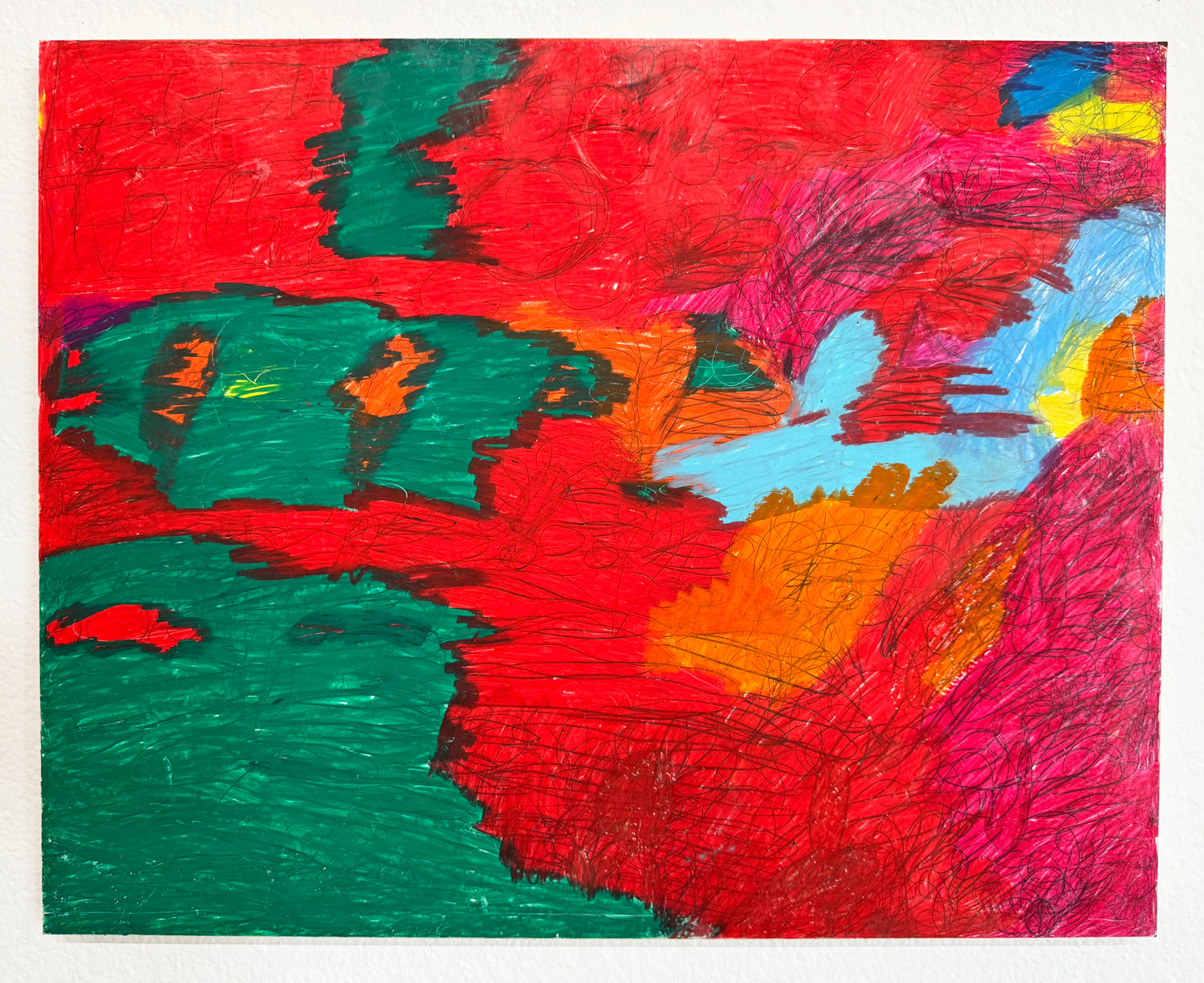 Abstract artwork with vibrant reds, green, and blues on a white background