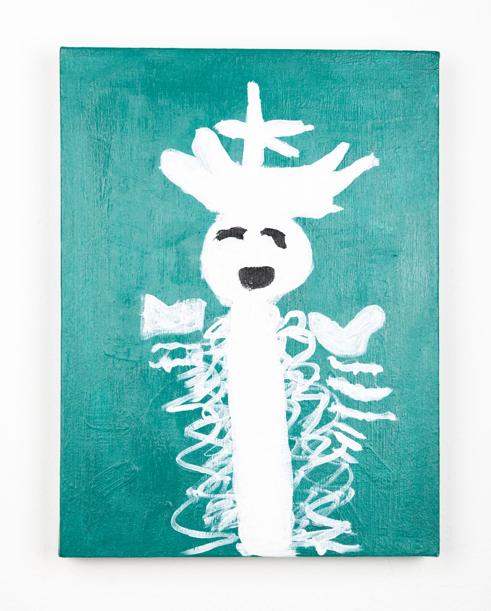Abstract painting of a figure in the center of the piece. the figure is white against a turquoise background, with the details such as the eyes and mouth painted in black. There are swirling forms that surround the figure.