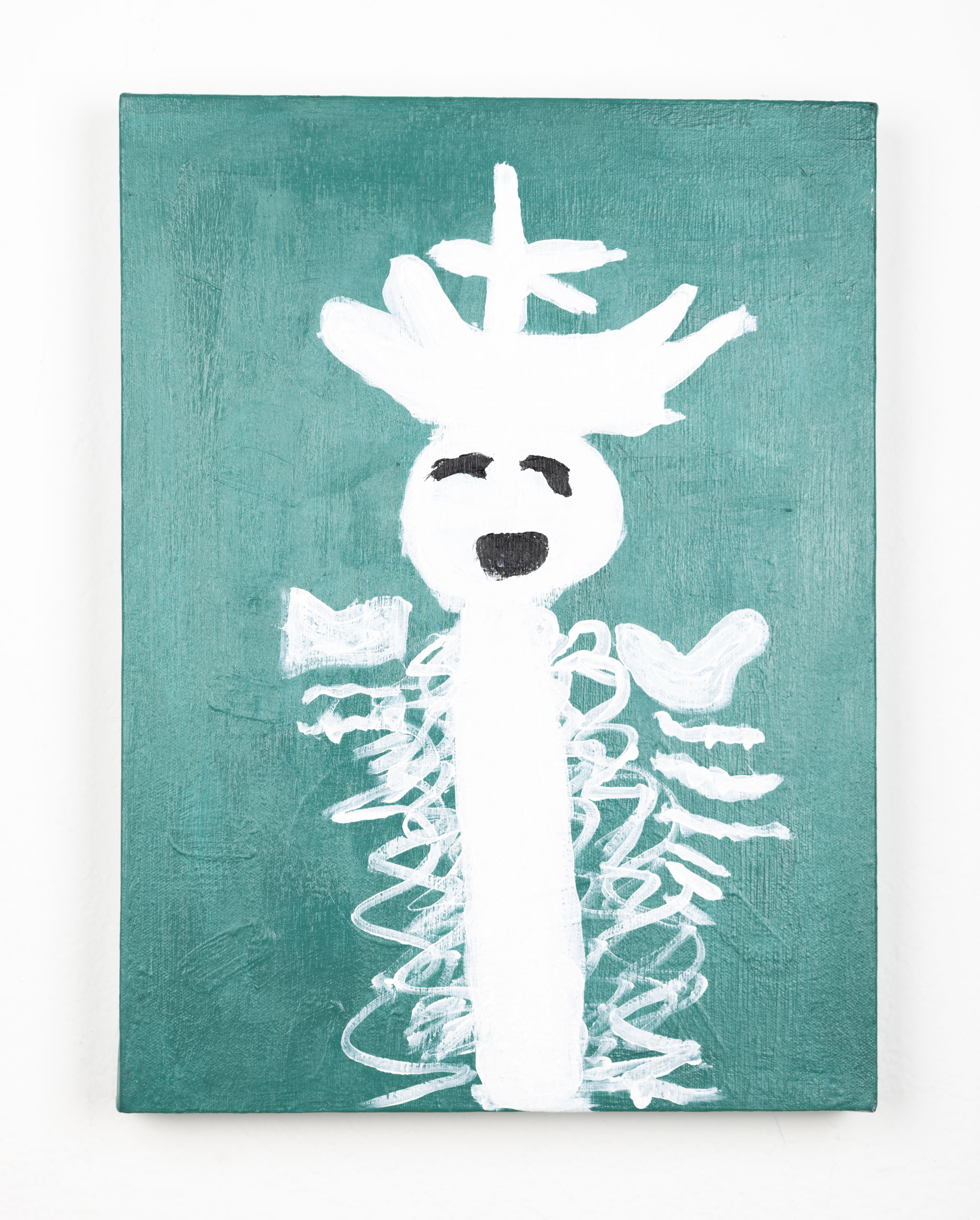 Abstract painting of a figure in the center of the piece. the figure is white against a turquoise background, with the details such as the eyes and mouth painted in black. There are swirling forms that surround the figure.