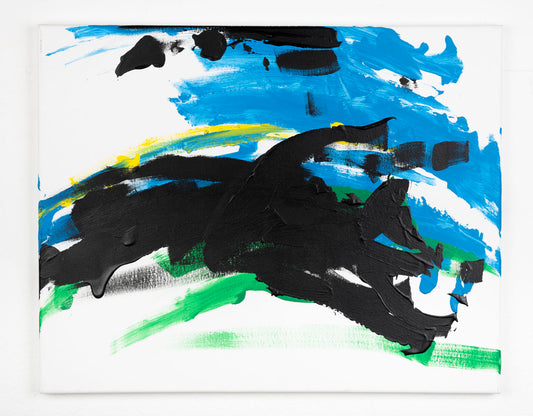 An abstract painting on a white canvas. It features dynamic brushstrokes in blue, black, green, and yellow. The top portion is dominated by sweeping blue strokes with textured layers, mingled with patches of white. The black paint appears thick and textured, contrasting with the smoother application of the other colors. The composition is energetic and expressive, with a striking use of color and form.