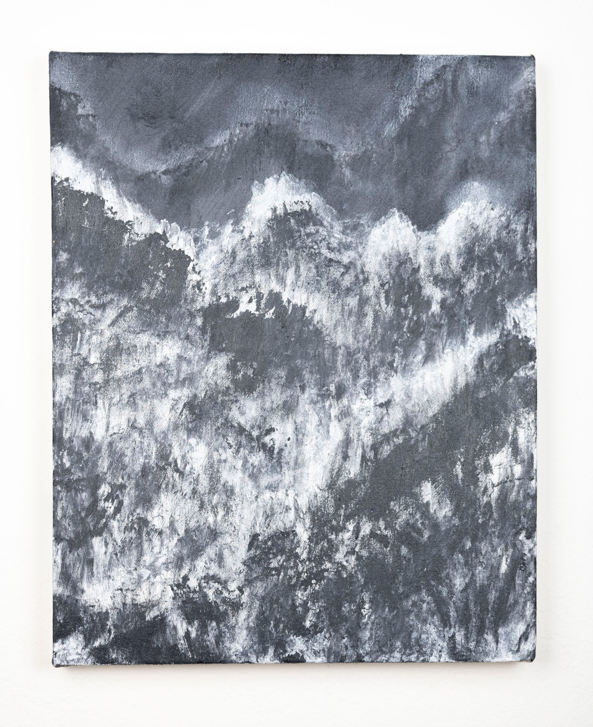 Black and white landscape painting of a mountain scene. The mark making is loose and expressive.