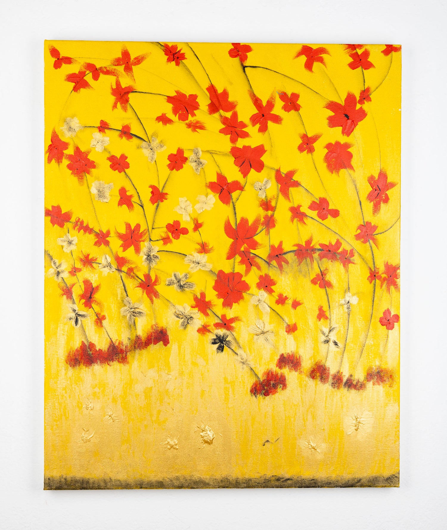 Floral painting that consists of many bright red flowers that take up the top two thirds of the piece. There are also white and black flowers that are less vibrant to create a sense of depth against a bright yellow background. 