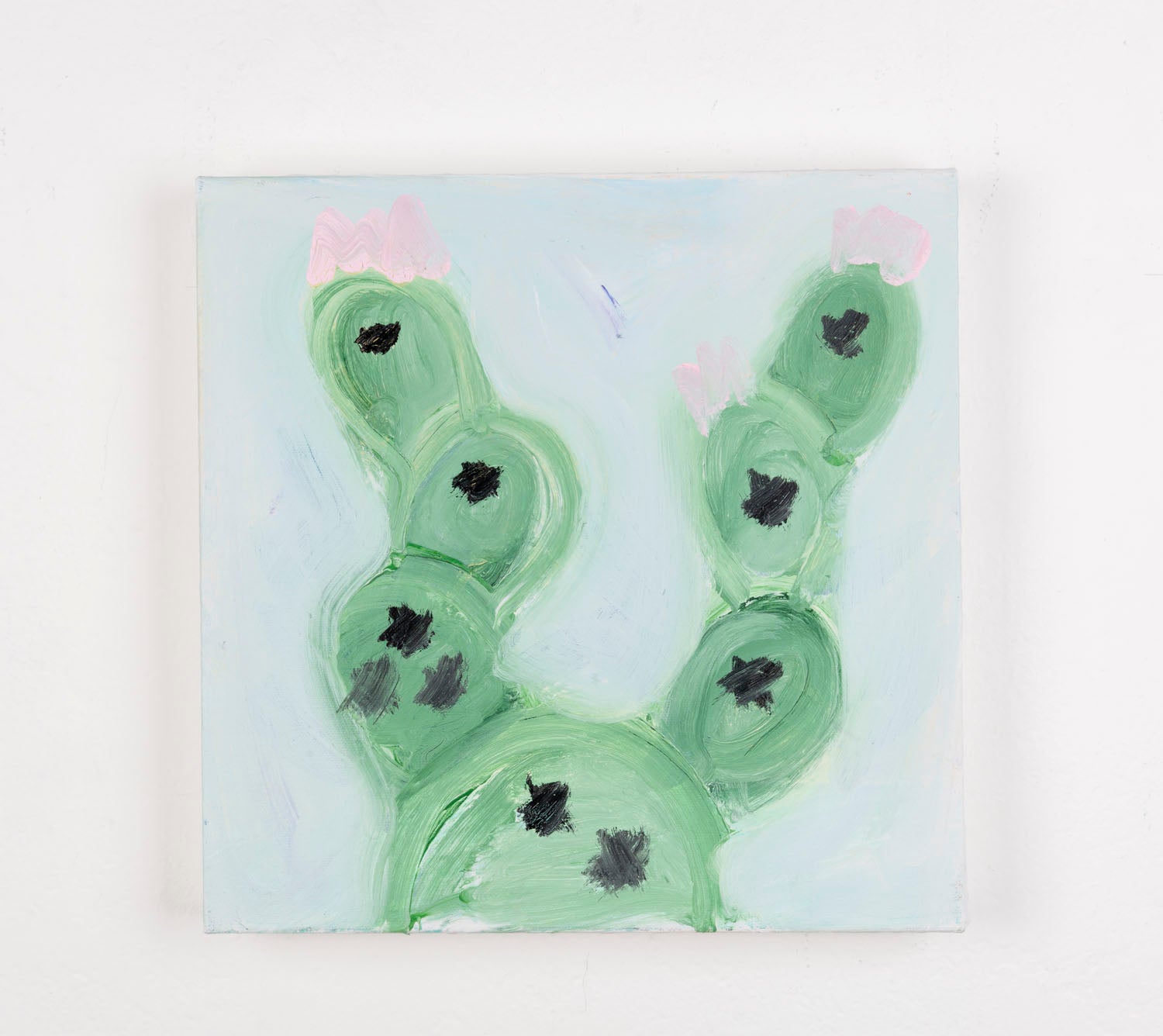 This is a painting of a cactus plant. The cactus is a muted green color, with the spiky details in black and a light pink, all against a light blue background.