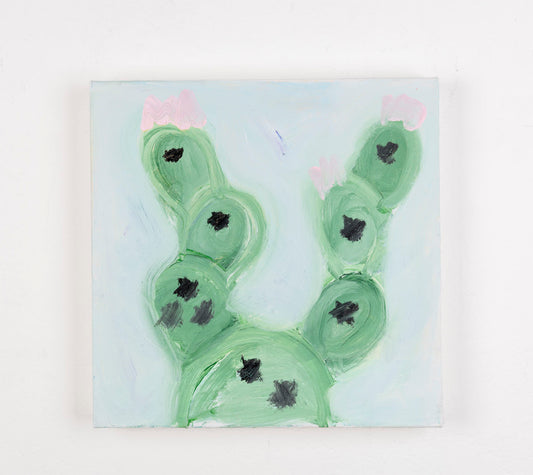 This is a painting of a cactus plant. The cactus is a muted green color, with the spiky details in black and a light pink, all against a light blue background.