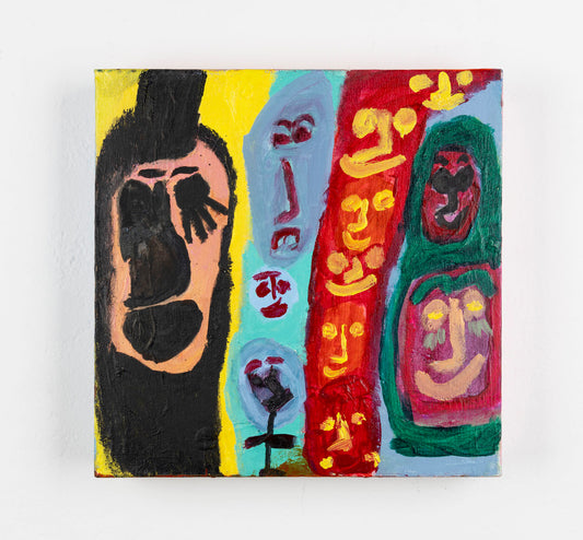 This painting is separated into four vertical sections. Each section has depictions of the figure, with vibrant shades of yellow, red, blue and green. 