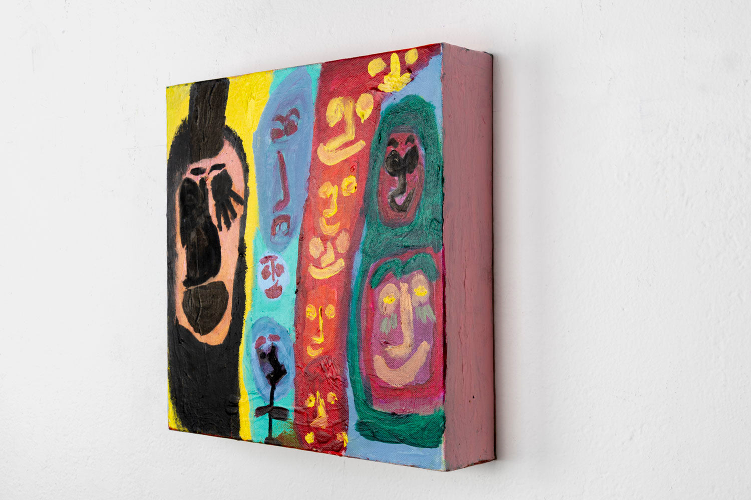 This painting is separated into four vertical sections. Each section has depictions of the figure, with vibrant shades of yellow, red, blue and green. 