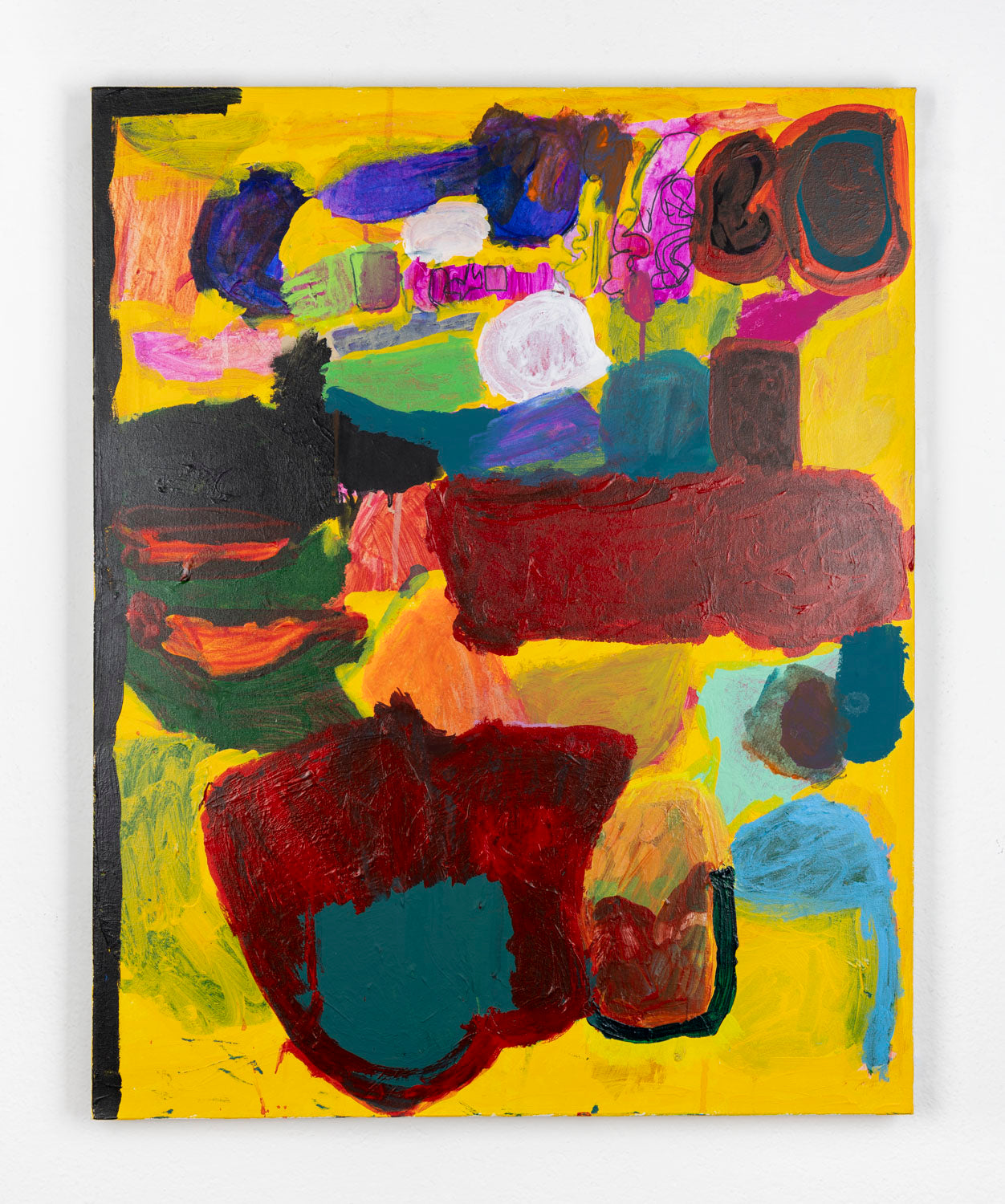 This is an abstract painting with multi-colored marks; red, green black and blue against a bright yellow background. The left border is outlined with black ink. 