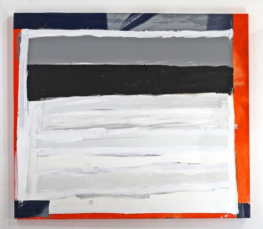 An abstract painting on dark blue and dark orange fabric bleached by the sun, against a white background. The majority of the painting covers the fabric in white acrylic paint in a large rectangular shape at the bottom of the painting, under a slim black rectangle, a gray rectangle and a white stripe at the top. 