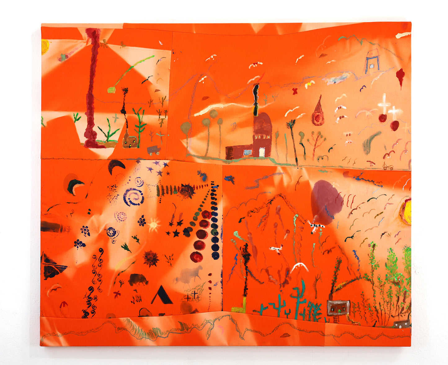 Abstract painting on stretched orange strips of fabric that have been bleached by the sun, and stitched together. Throughout the painting are New Mexico landscape scenes and symbols such as moons and swirls. 