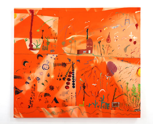 Abstract painting on stretched orange strips of fabric that have been bleached by the sun, and stitched together. Throughout the painting are New Mexico landscape scenes and symbols such as moons and swirls. 