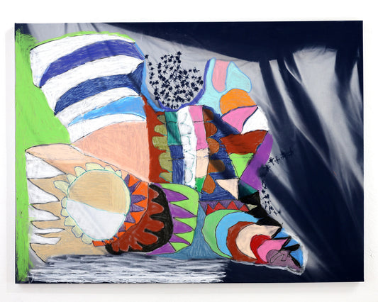 An abstract painting on dark blue fabric bleached by the sun. The white stains run vertically across the frame. The left corner of the piece is covered in colorful illustrations of flowers, geometrical and abstract shapes in a lively composition.