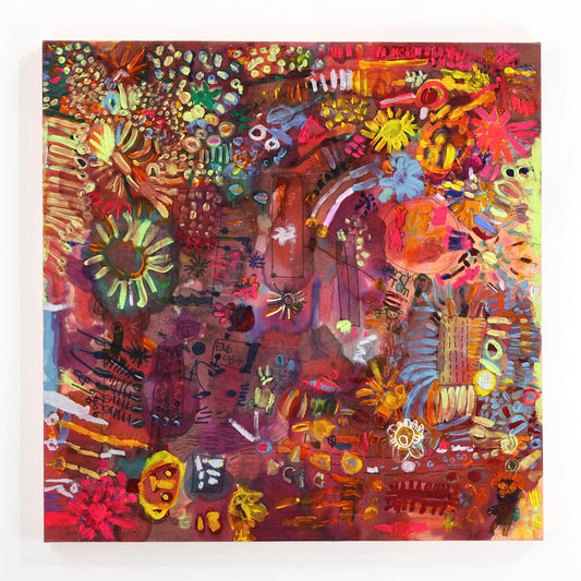 A warm and colorful abstract painting against a white background with various flowers, abstract shapes and patterns, including sun or flower-like shapes in neon pink and yellow. 