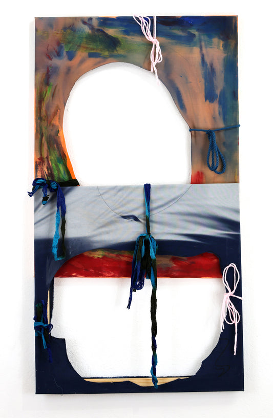 Abstract artwork of two stretched fabric panels against a white background that have been attached to form a vertical rectangle. Each portion has one large hole, and the wooden stretcher bars are exposed in some areas. The top panel has a slightly pink color, with blue, green, and red brushwork. The bottom panel is blue with white sun bleach. Both panels have yarn ties that extend from the holes to the stretcher bars. 