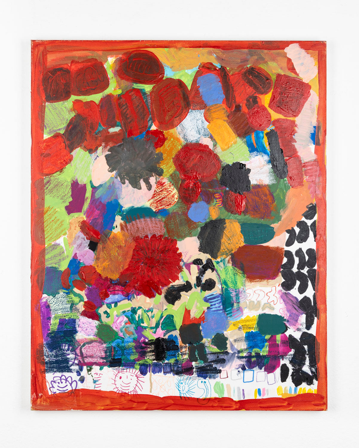 This is an abstract painting with multi-colored dots; vibrant colors of green, red, blue and brown. The piece is bordered in red, alongside drawn elements on the bottom of the work. 