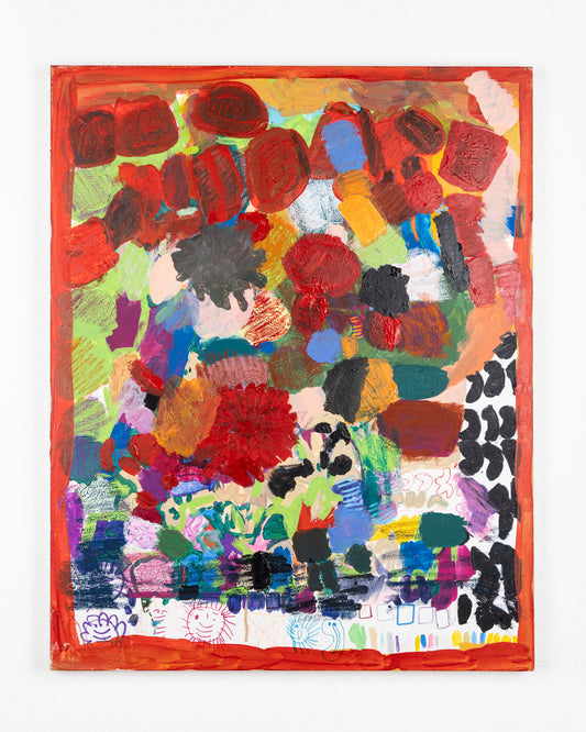 This is an abstract painting with multi-colored dots; vibrant colors of green, red, blue and brown. The piece is bordered in red, alongside drawn elements on the bottom of the work. 