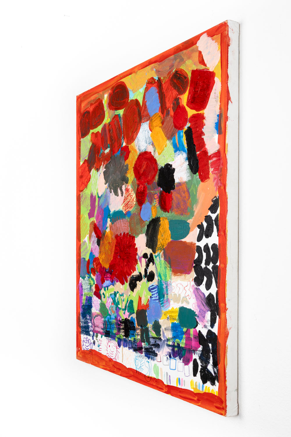 This is an abstract painting with multi-colored dots; vibrant colors of green, red, blue and brown. The piece is bordered in red, alongside drawn elements on the bottom of the work. 