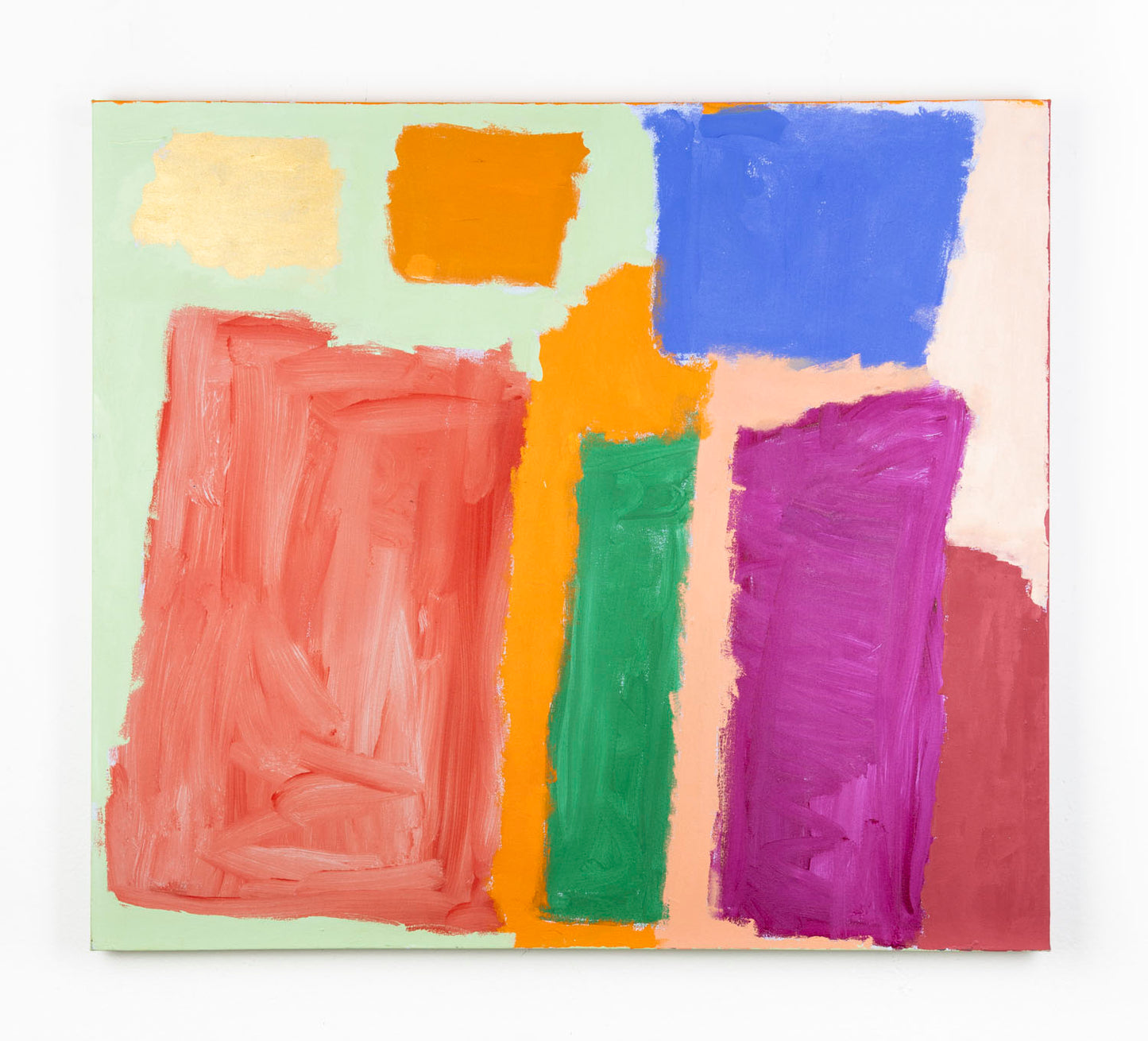 This abstract painting has a blocky quality,  containing rectangles of different colors and sizes that are overlapping. The piece is orange, beige, blue, red and green; all the colors are vibrant which provide a strong sense of contrast. The artists' hand is prevalent in the piece, shown through clear brushstrokes. 