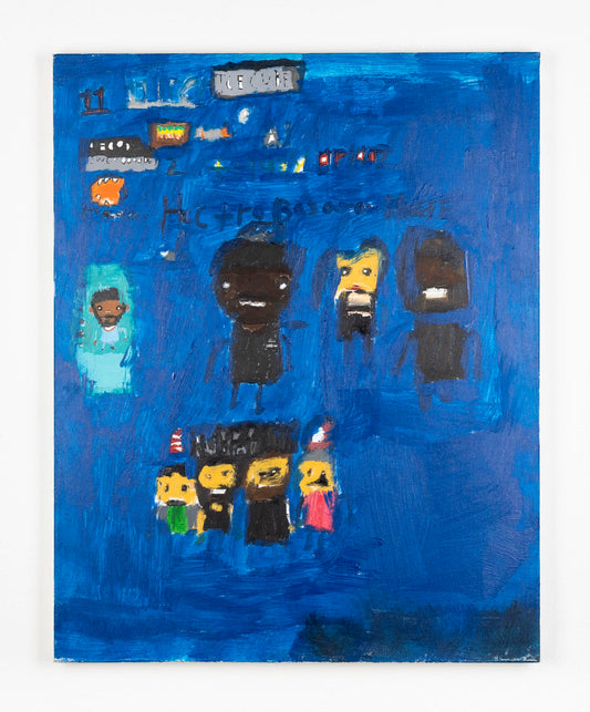 This painting consists of 8 figures in the center of the work, stacked in two rows. The artist's signature is above the figures. There is also the number '11', a sign that says 'the cube' located in the top left corner. The painting has a blue background.