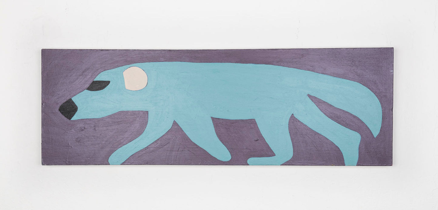 This is a stylized painting of a wolverine, the body of the wolverine is a light blue, with white ears and black eyes and nose, against a purple background. 