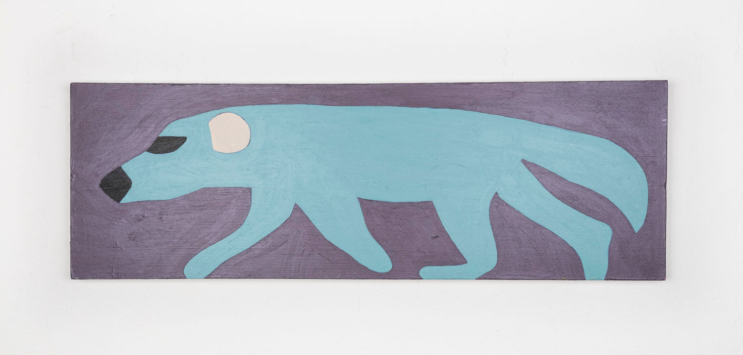 This is a stylized painting of a wolverine, the body of the wolverine is a light blue, with white ears and black eyes and nose, against a purple background. 