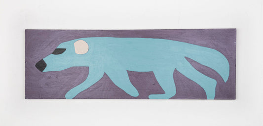 This is a stylized painting of a wolverine, the body of the wolverine is a light blue, with white ears and black eyes and nose, against a purple background. 