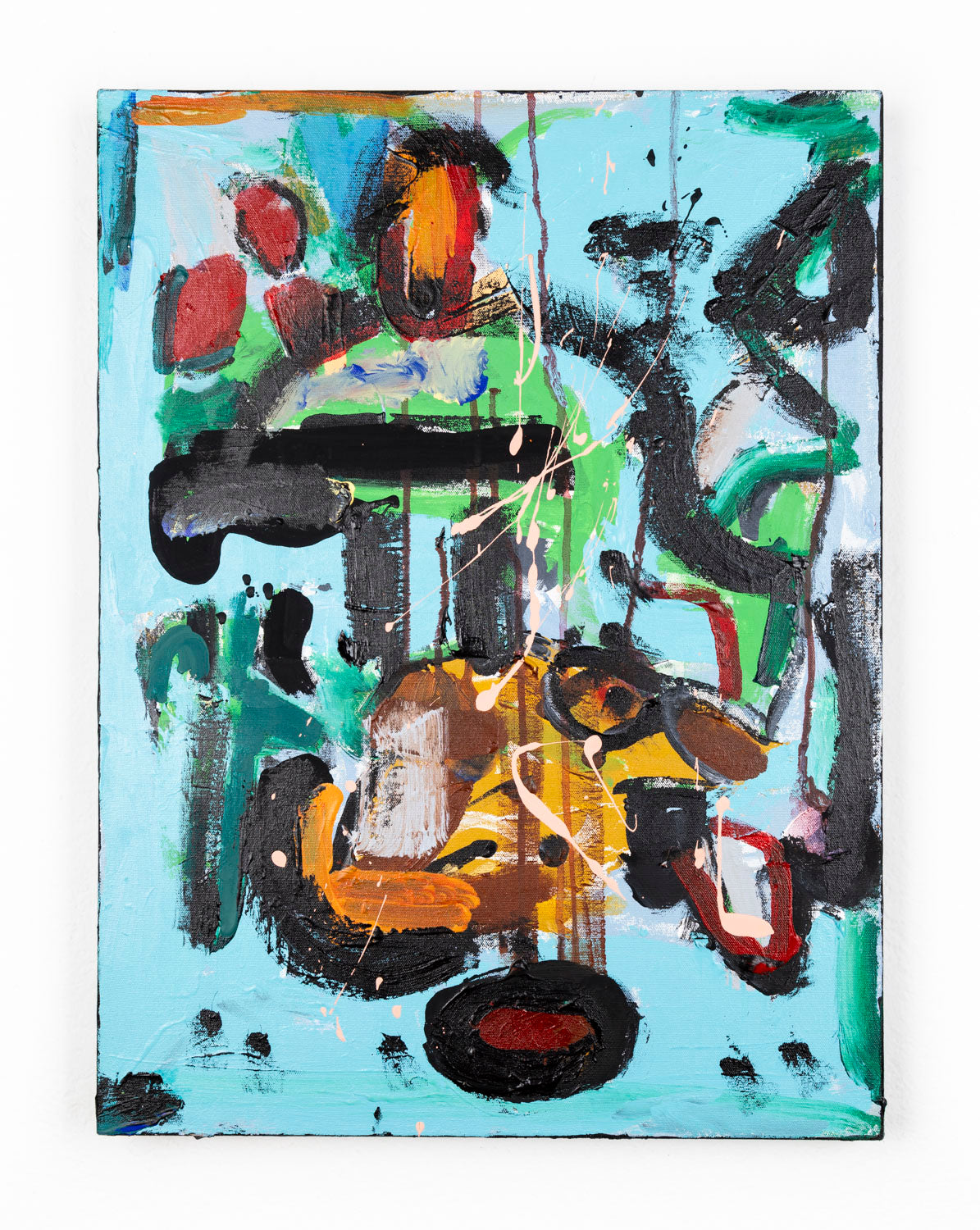 This abstract painting has both organic and geometric qualities. The marks are black, green, white, red and orange that contrast the bright blue background.