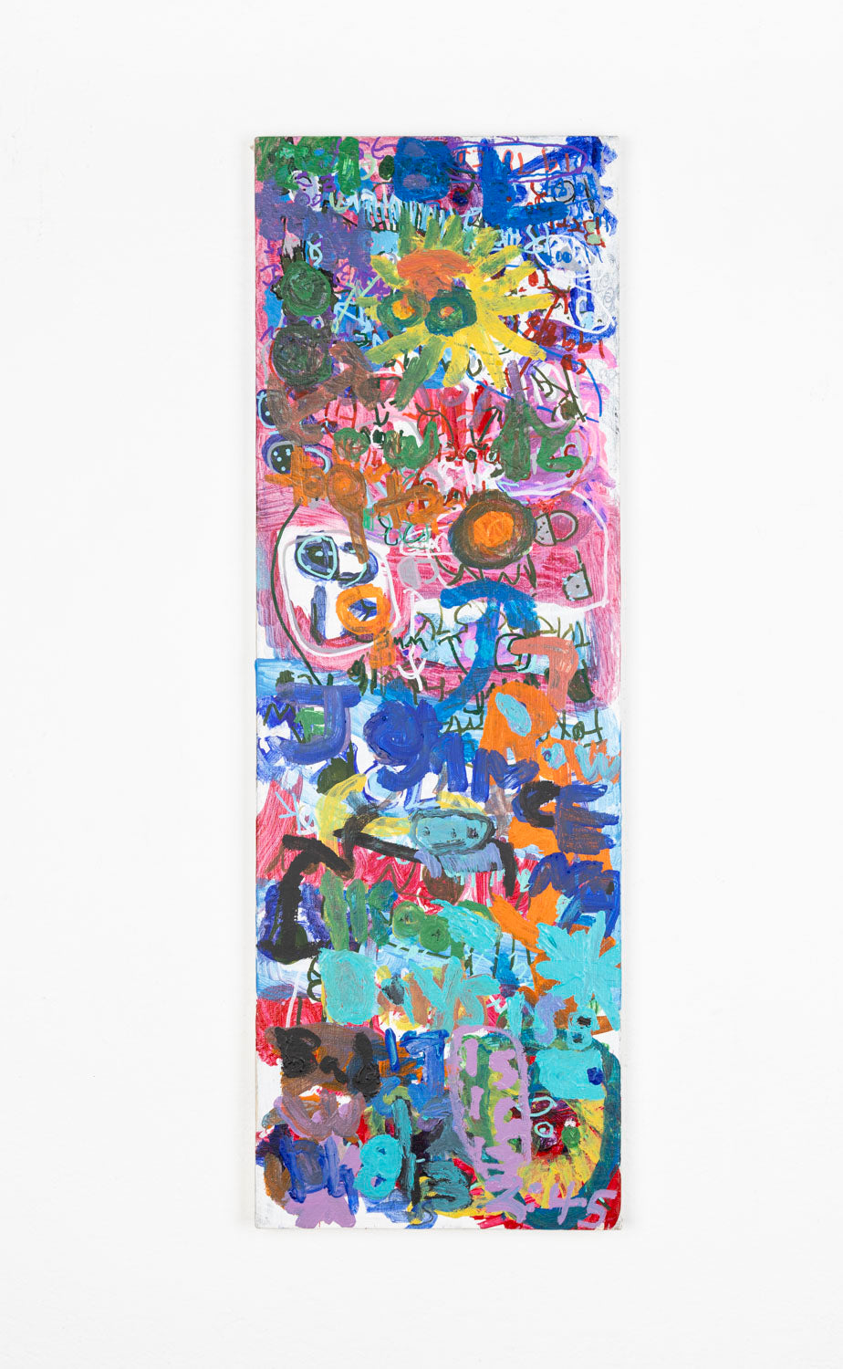 This painting has a collage-like quality, with icons and text overlapping one another to create a vibrant piece. The colors in this piece include bright shades of pink, yellow, blue, green and orange. 