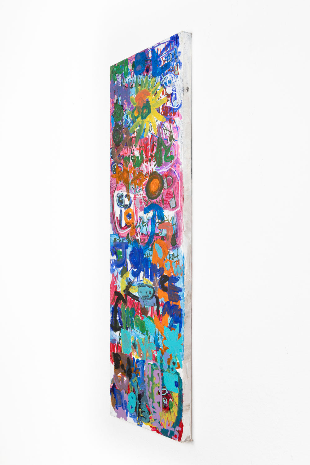 This painting has a collage-like quality, with icons and text overlapping one another to create a vibrant piece. The colors in this piece include bright shades of pink, yellow, blue, green and orange. 