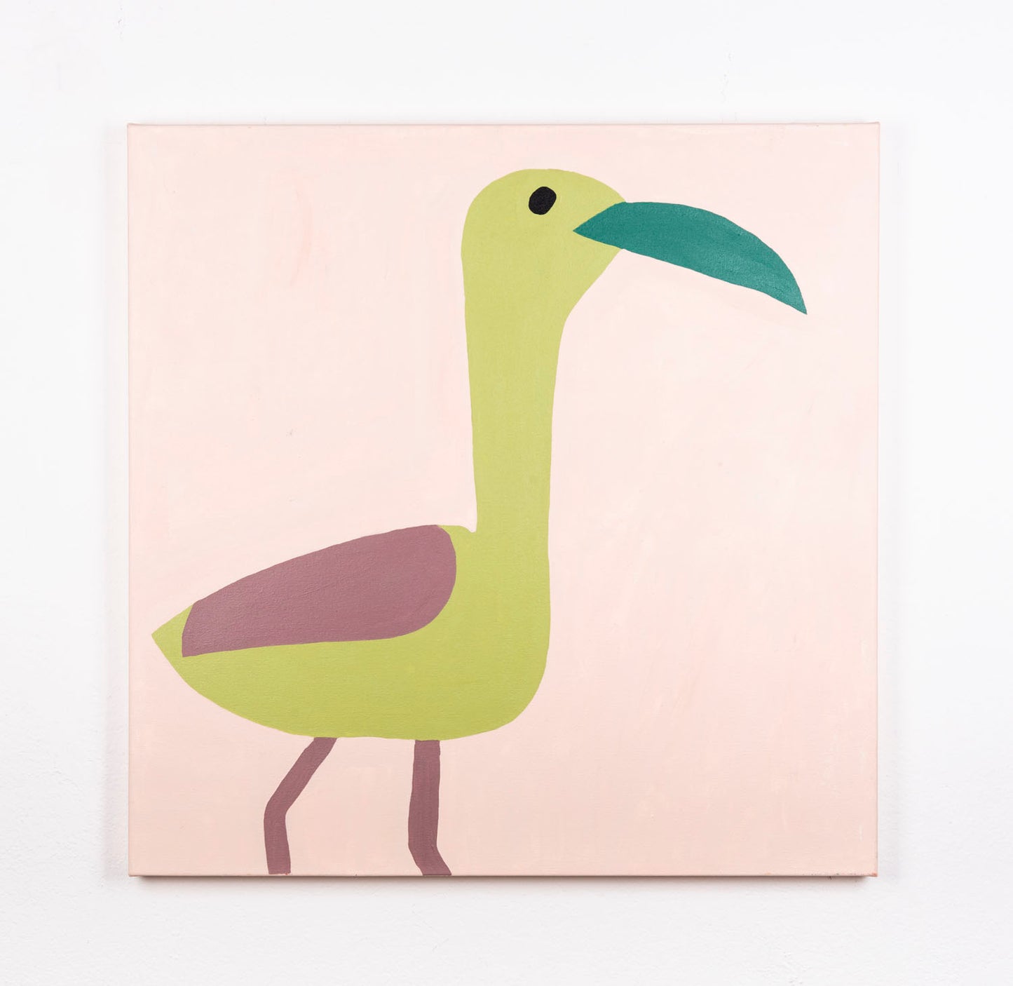 This is a stylized painting of a flamingo, the body of the flamingo is a light green with a dark green beak. The legs and the wings are purple, all against a light pink background.