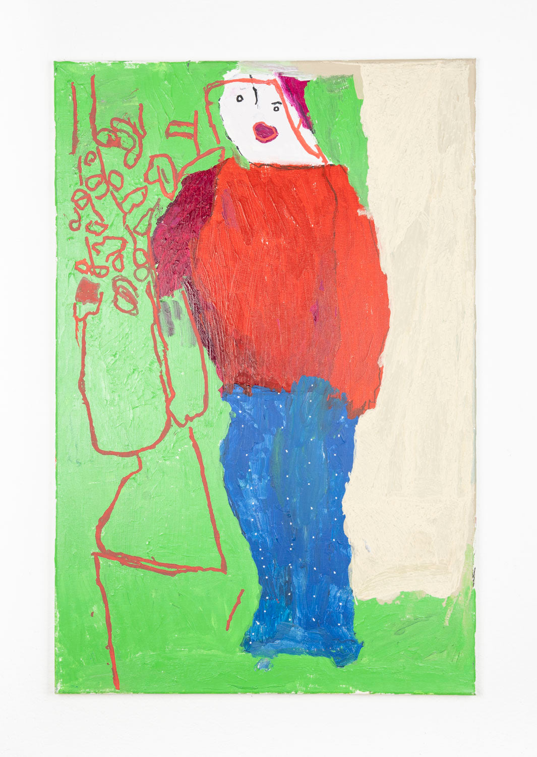 This is an abstract painting depicting the figure. The figure in the center of the piece, they are wearing a red shirt and blue pants. On the left side of the painting there is peach, line work details and on the right, there is a white block that contrasts the vibrant green background. 