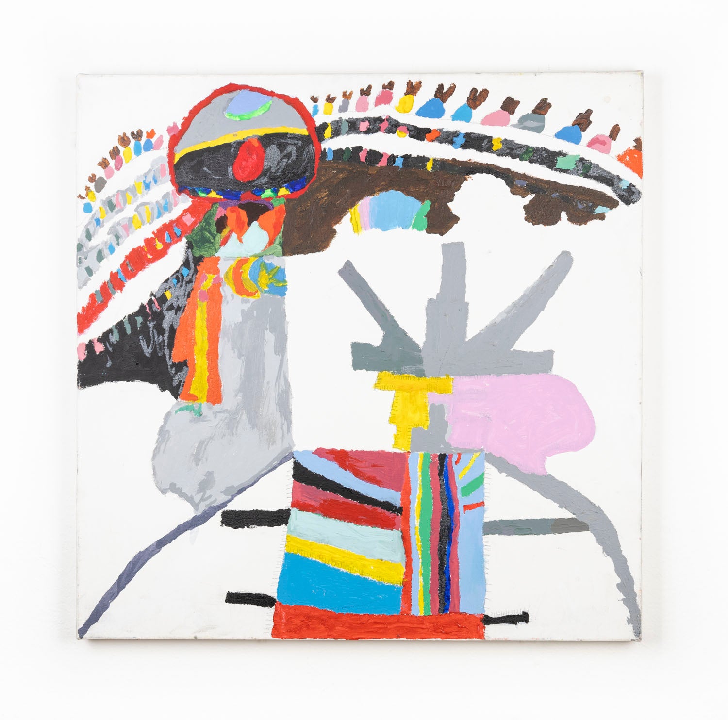 This is an abstract painting of a castle. The piece is multi-colored, with various shades of blue, red, yellow, orange and green that contrast the white background.