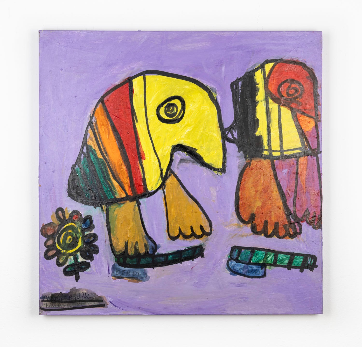 Abstract painting of two pájaros. The pájaros are multi-colored; orange, yellow, red and green. Distinguishing features such as the eyes and the feet are outlined in black. There is also a flower in the bottom left corner, alongside a caterpillar on the bottom right corner, against a purple background.