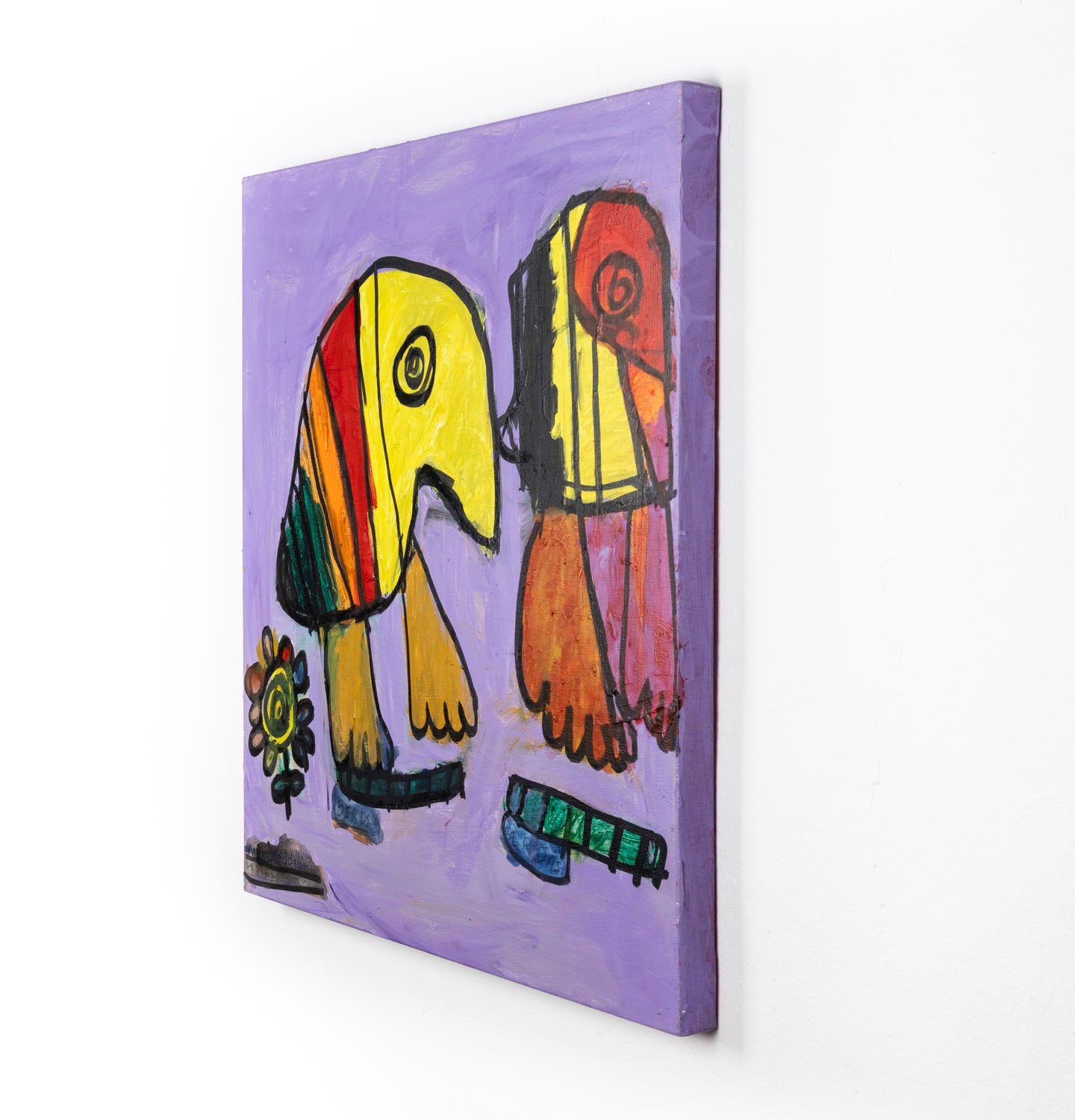 Abstract painting of two pájaros. The pájaros are multi-colored; orange, yellow, red and green. Distinguishing features such as the eyes and the feet are outlined in black. There is also a flower in the bottom left corner, alongside a caterpillar on the bottom right corner, against a purple background.
