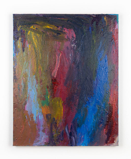 This abstract painting contains gestural mark-making, with a multi-colored palette of varying shades of blue, red, yellow and orange. The artist's hand is highlighted through bold bush strokes.