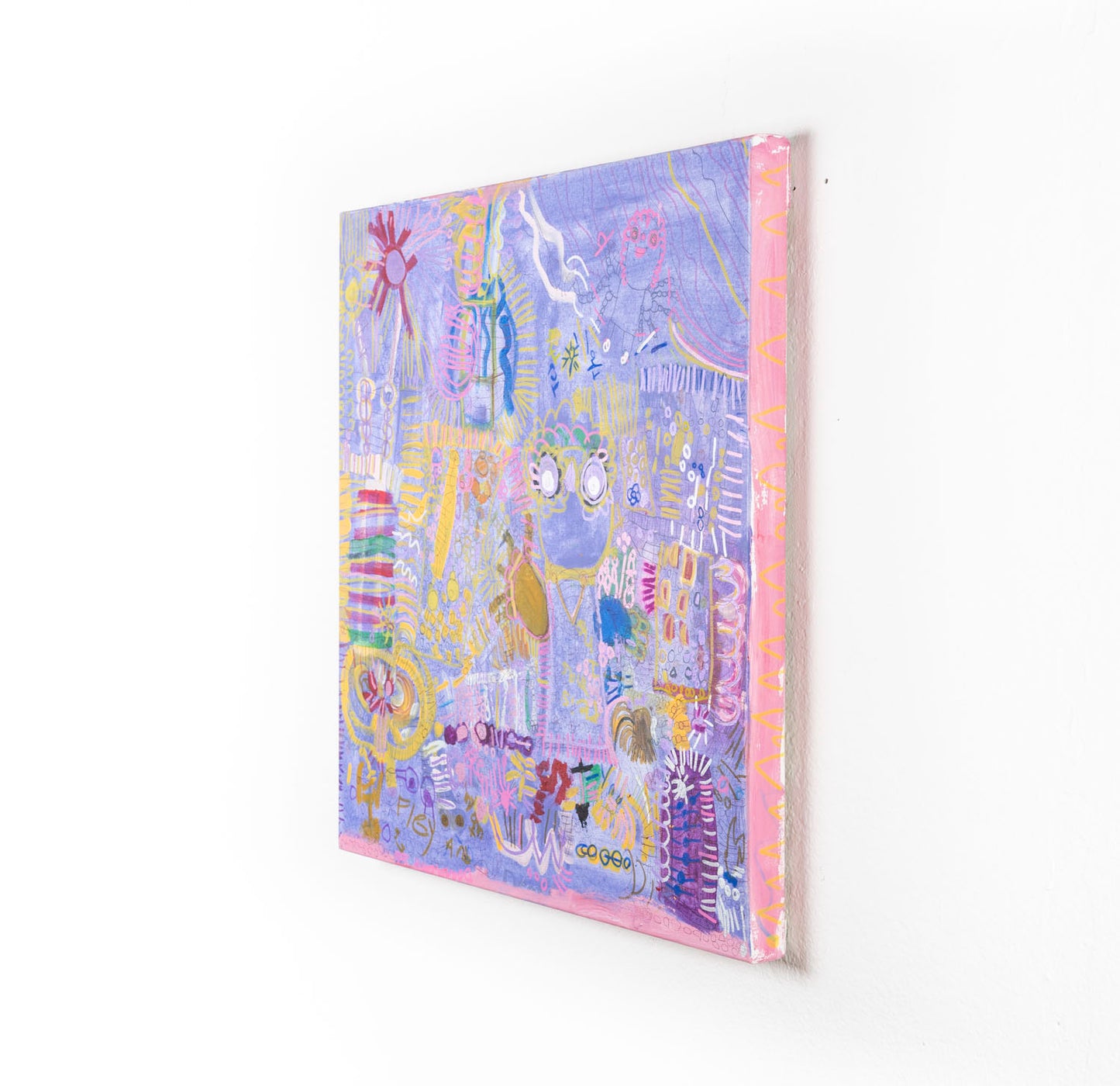This mixed media painting has a collage like quality, with various elements including the sun, flies, text and plants overlapping each other. The piece is predominantly shades of yellow, pink and blue against a lavender purple background.