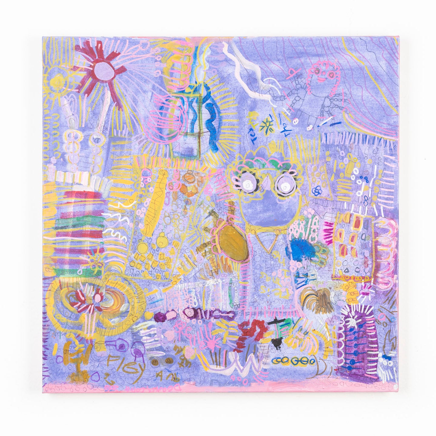 This mixed media painting has a collage like quality, with various elements including the sun, flies, text and plants overlapping each other. The piece is predominantly shades of yellow, pink and blue against a lavender purple background.