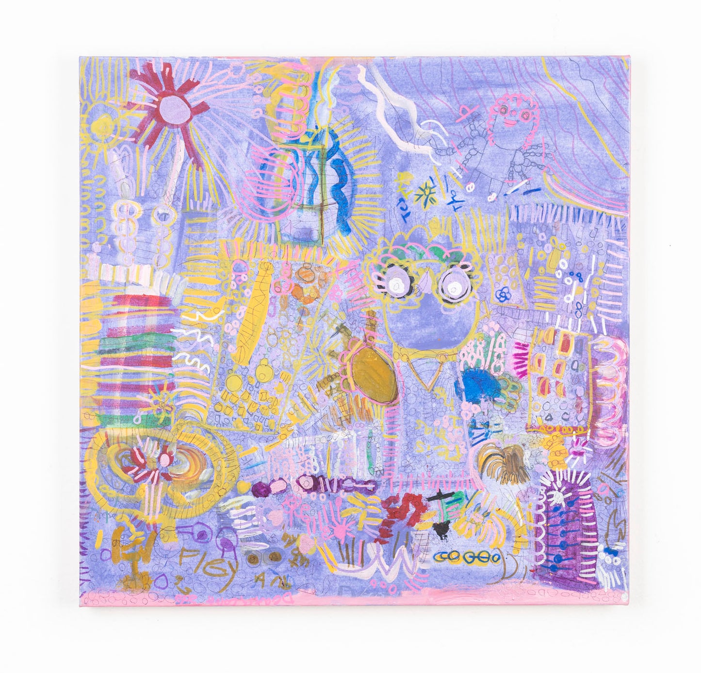 This mixed media painting has a collage like quality, with various elements including the sun, flies, text and plants overlapping each other. The piece is predominantly shades of yellow, pink and blue against a lavender purple background.