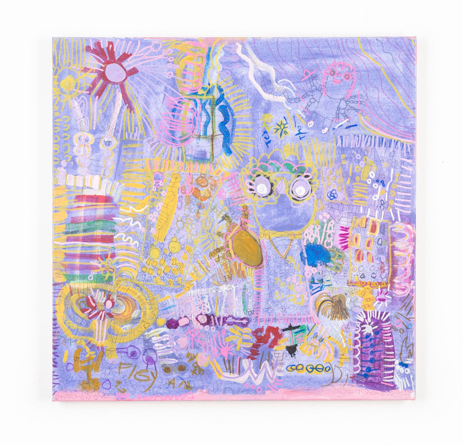 This mixed media painting has a collage like quality, with various elements including the sun, flies, text and plants overlapping each other. The piece is predominantly shades of yellow, pink and blue against a lavender purple background.