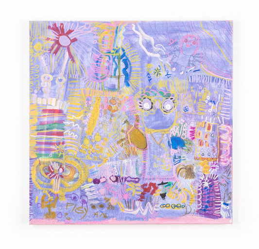 This mixed media painting has a collage like quality, with various elements including the sun, flies, text and plants overlapping each other. The piece is predominantly shades of yellow, pink and blue against a lavender purple background.