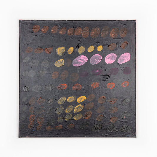 Rows and rows of multi-colored dots fill the canvas. The dots are shades of brown, orange, pink, purple and yellow; varying in size and opacity against a black background. 