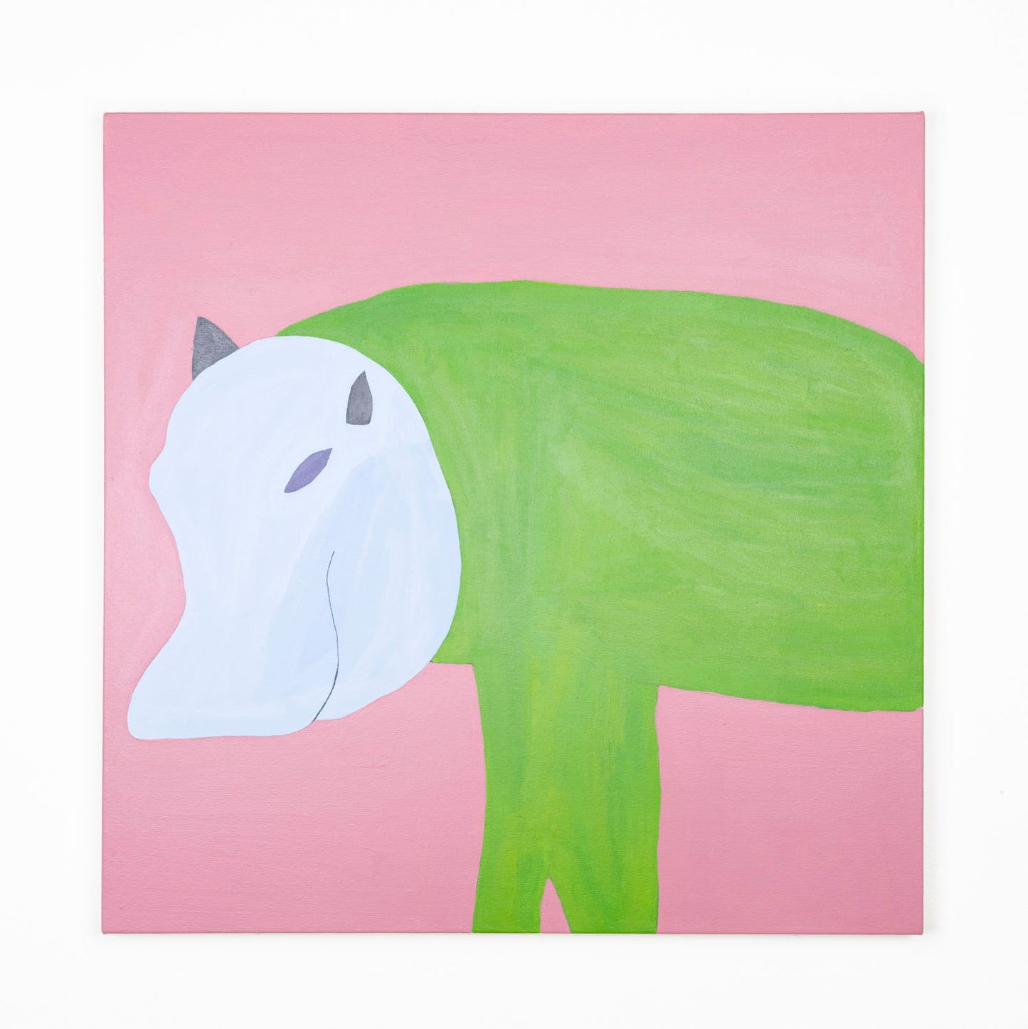 A stylized painting of a hippopotamus with a bright green body and pale white face set against a soft pink background. The hippopotamus has small gray horns or ears, a simple purple eye, and long rectangular legs, rendered with smooth shapes and flat pastel colors for a playful, abstract appearance.