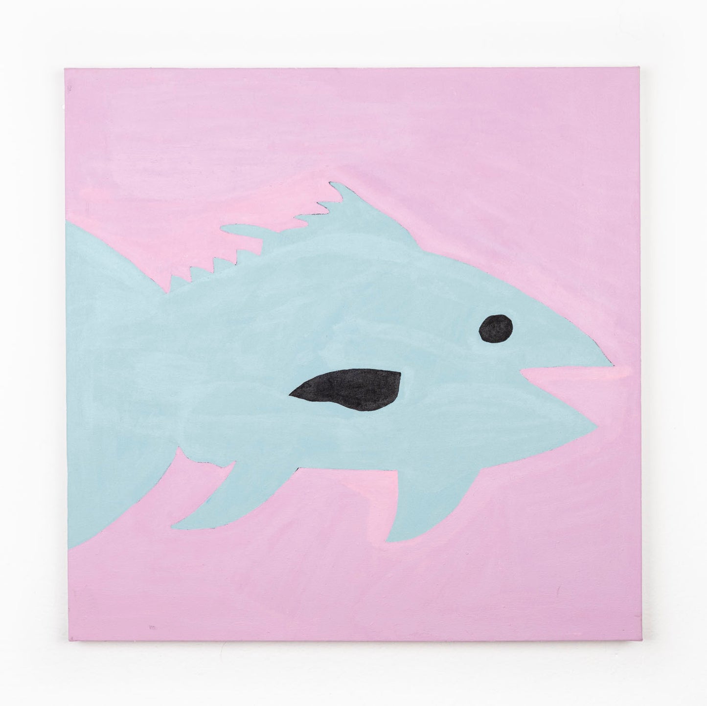 A stylized painting of a blue fin tuna against a soft pink background. The fish has a simple black eye and dark mouth, with angular fins and a streamlined body rendered in flat pastel tones. The composition is bold and playful.