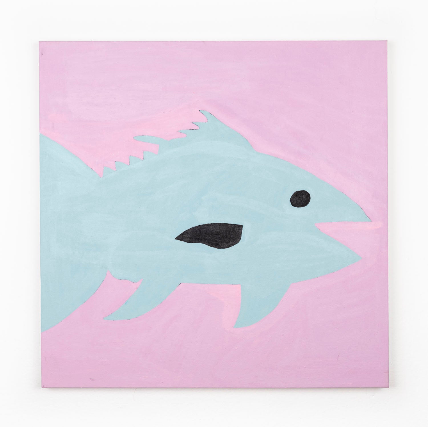 A stylized painting of a blue fin tuna against a soft pink background. The fish has a simple black eye and dark mouth, with angular fins and a streamlined body rendered in flat pastel tones. The composition is bold and playful.