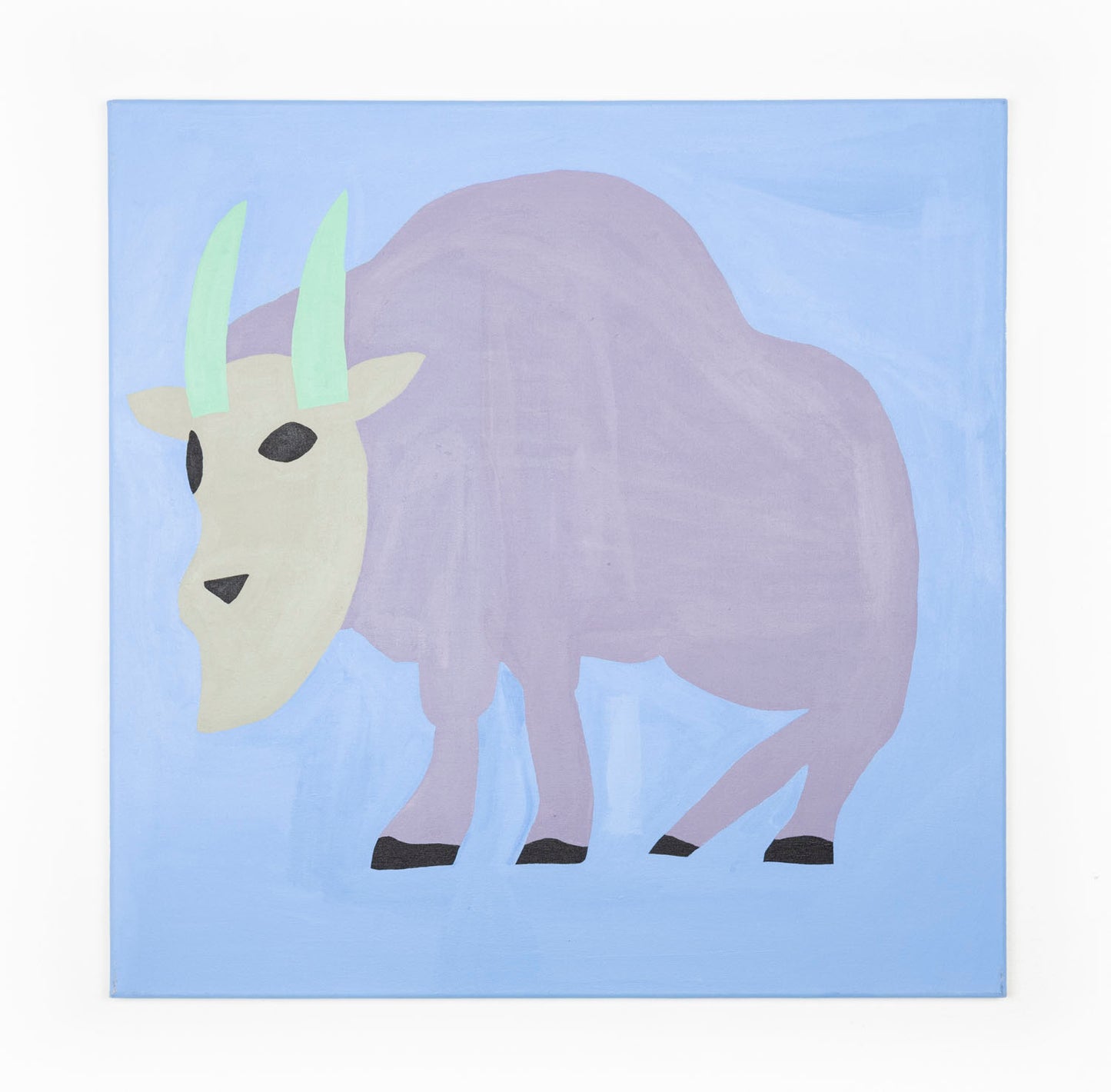 A stylized painting of a mountain goat with a large rounded purple body, pale cream face, and mint-green horns, standing against a light blue background. The animal has simple black eyes and hooves, with soft, flat shapes and muted pastel colors.
