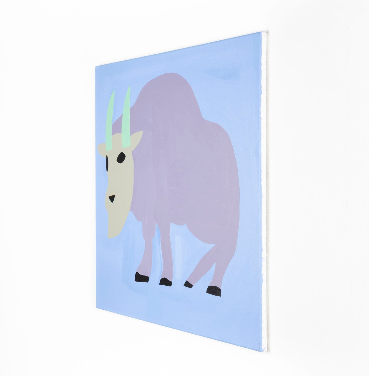 A stylized painting of a mountain goat with a large rounded purple body, pale cream face, and mint-green horns, standing against a light blue background. The animal has simple black eyes and hooves, with soft, flat shapes and muted pastel colors.