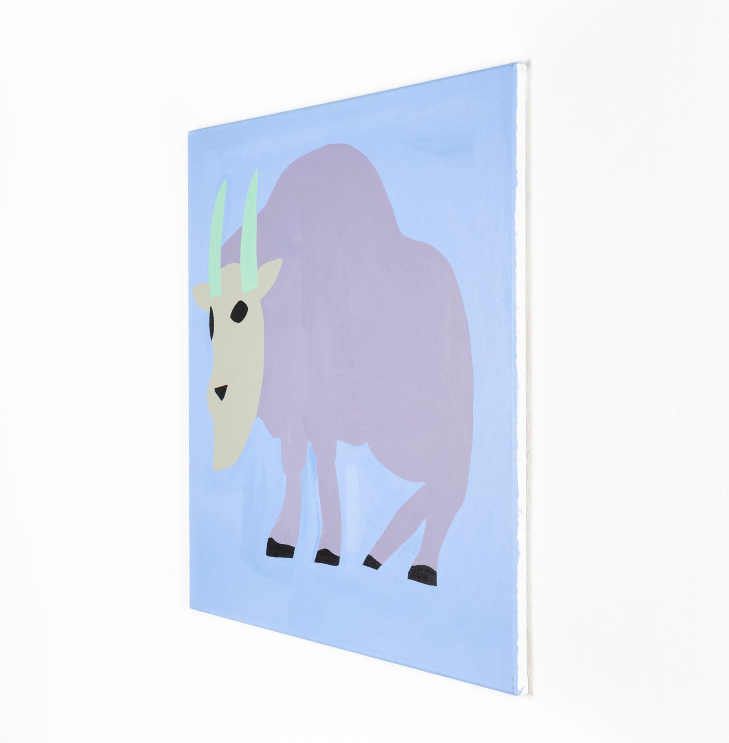 A stylized painting of a mountain goat with a large rounded purple body, pale cream face, and mint-green horns, standing against a light blue background. The animal has simple black eyes and hooves, with soft, flat shapes and muted pastel colors.