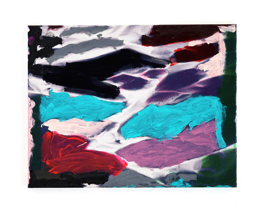 An abstract painting on fabric with splotches of pink, turquoise, gray, white, green, and red against a white background. 
