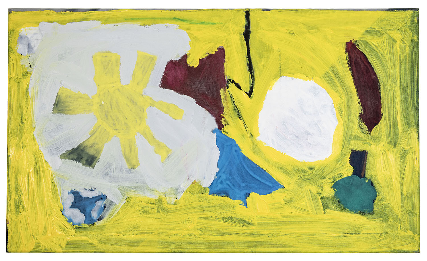 Anbstract painting of a sun and moon with yellow, white, blue, and purple colors on a yellow background. 